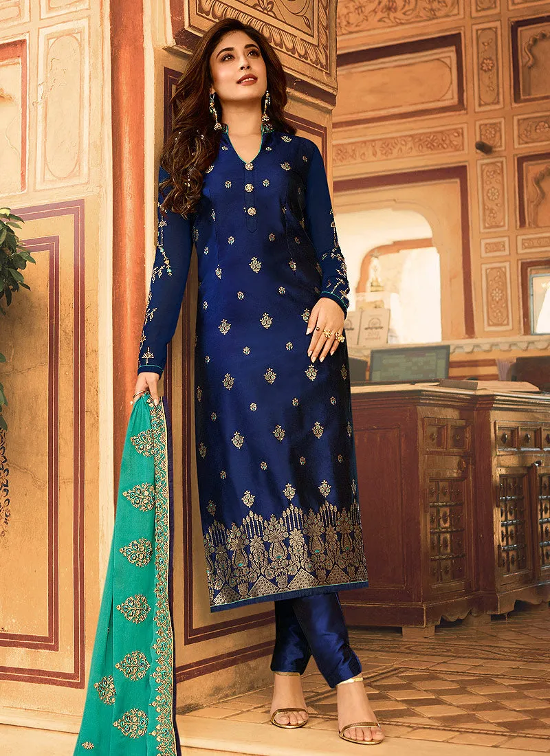 Blue And Turquoise Embroidered Pant Suit