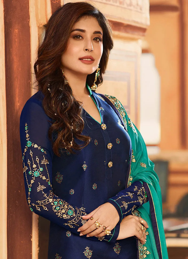 Blue And Turquoise Embroidered Pant Suit