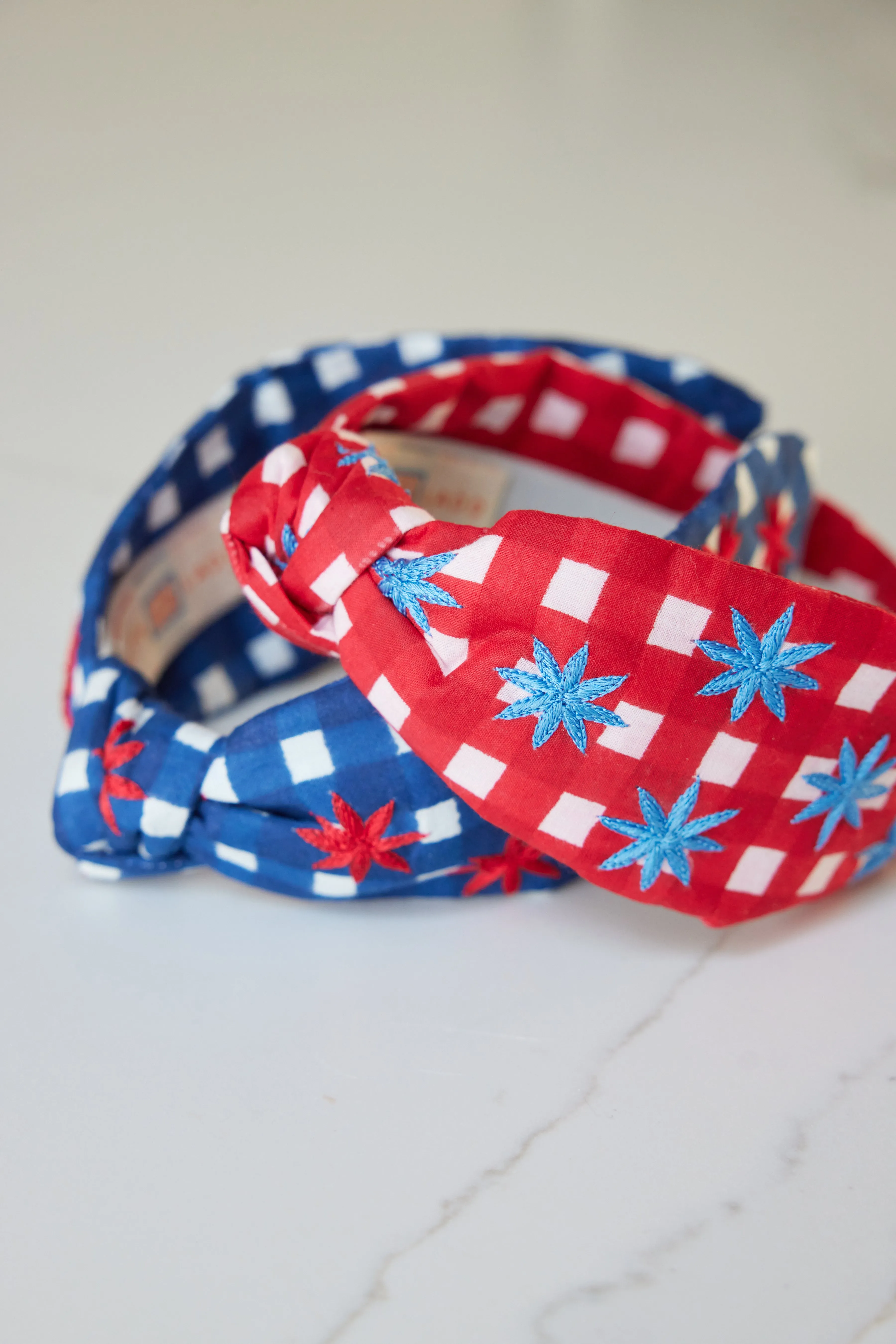 Blue Gingham Headband with Red Stars