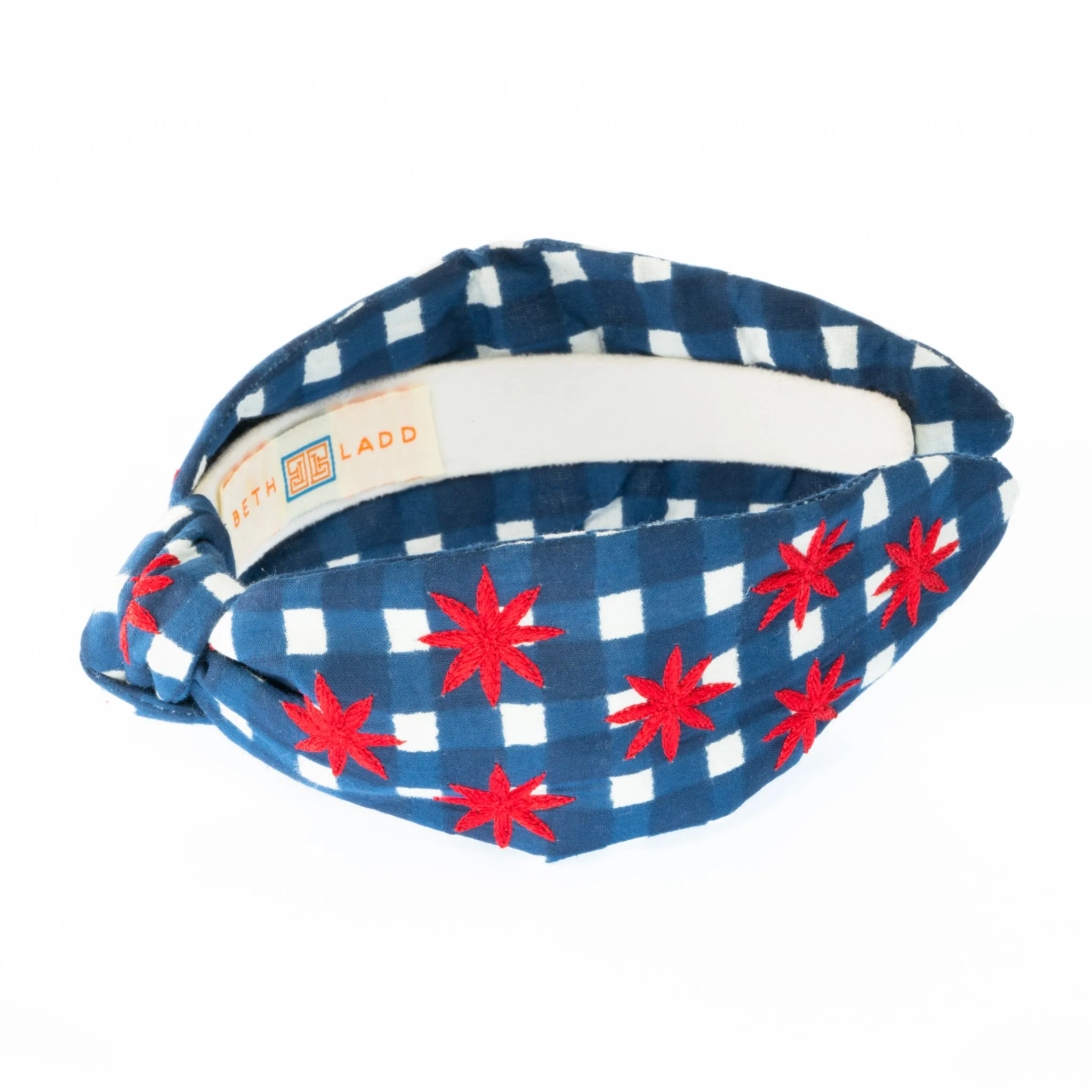 Blue Gingham Headband with Red Stars