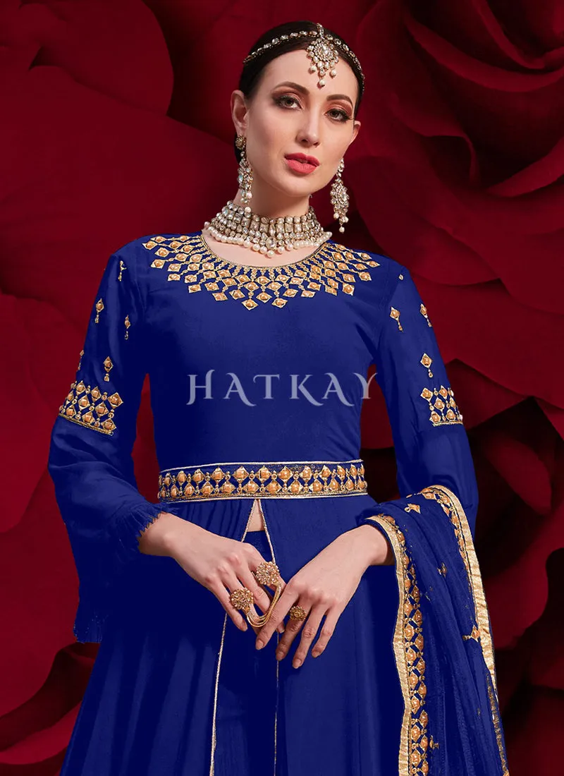Blue Golden Embroidered Slit Style Anarkali Pant Suit