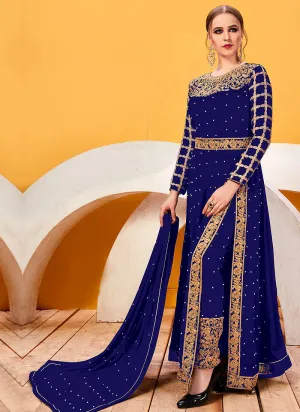 Blue Golden Heavy Embroidered Pant Suit