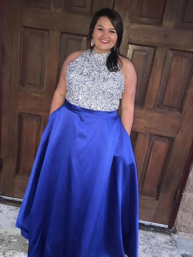 Blue Jeweled Bodice Satin Ball Gown Prom Dress