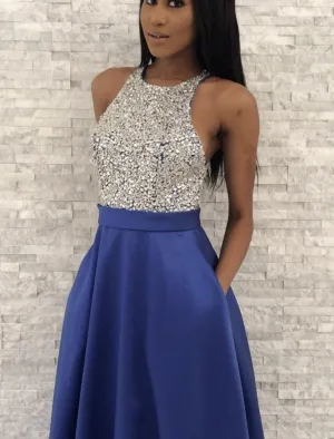 Blue Jeweled Bodice Satin Ball Gown Prom Dress