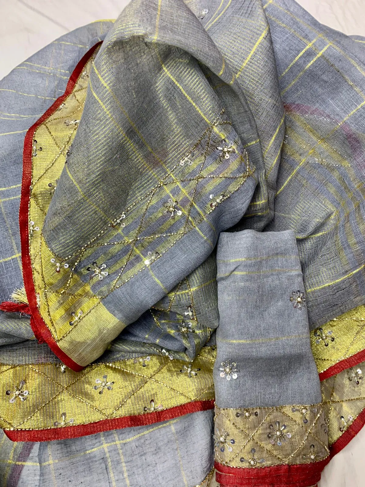 Blue Pure Linen Embroidred Saree