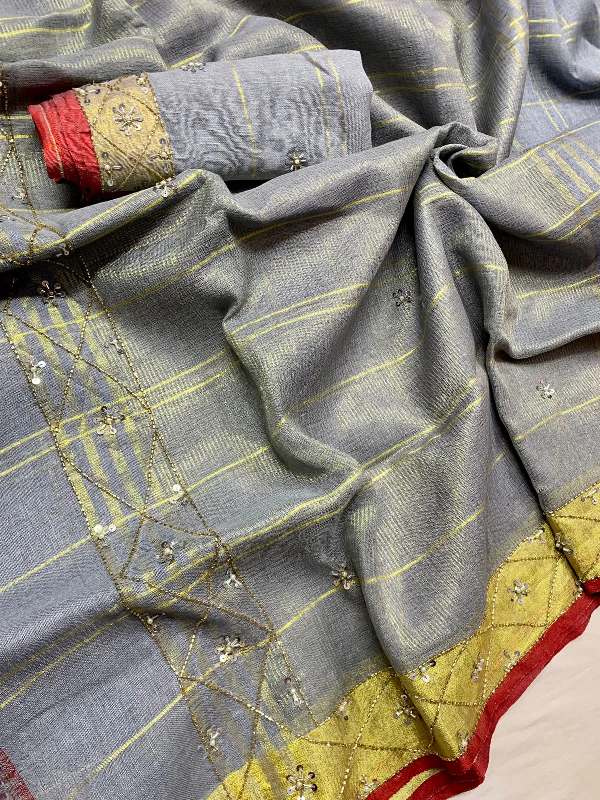 Blue Pure Linen Embroidred Saree