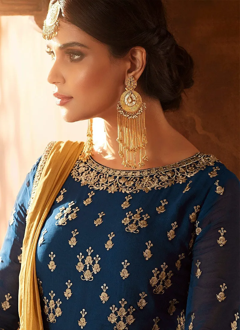 Blue Royal With Ochre Embroidered Flared Anarkali Lehenga Suit