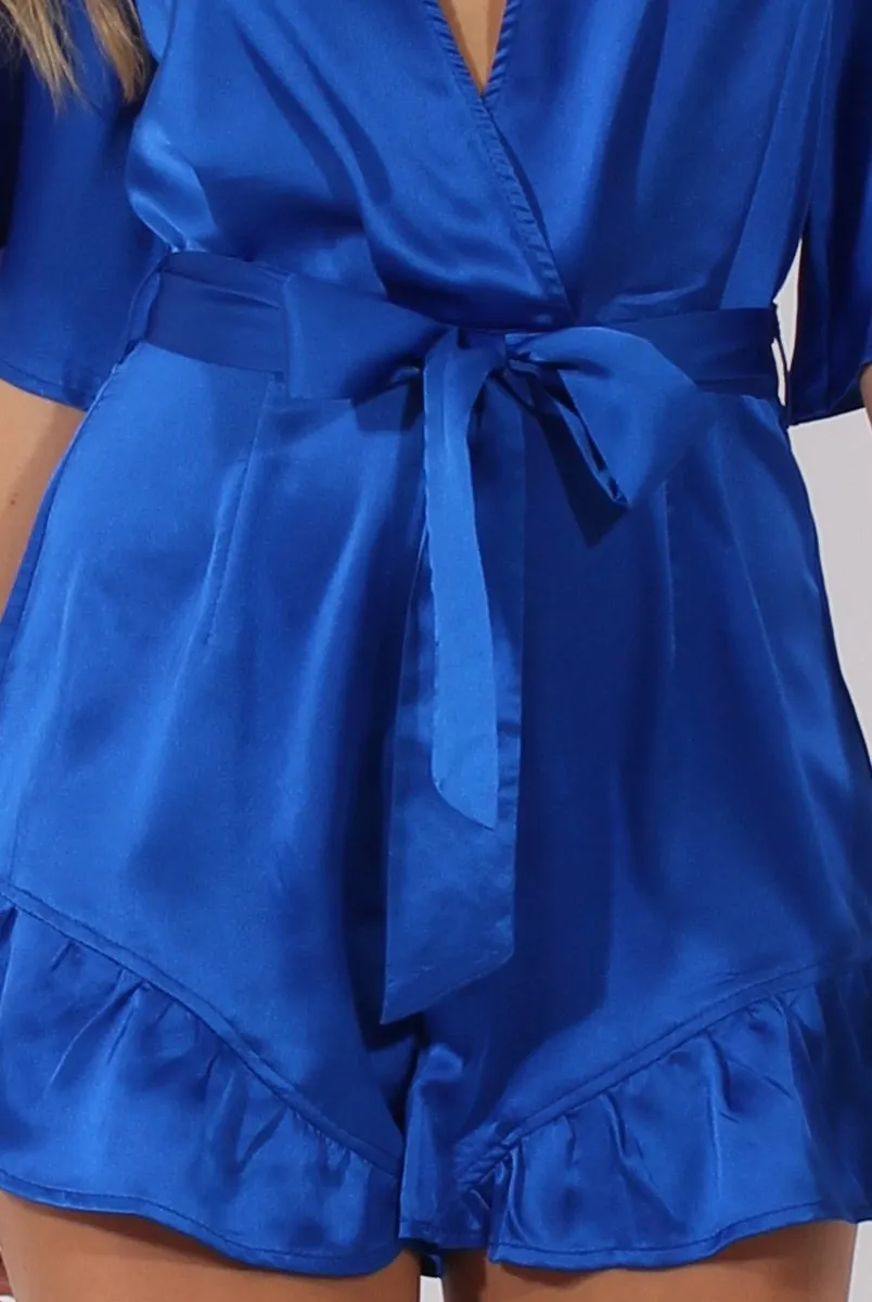 Blue Satin Plunge Flared Sleeve Tied Waist Playsuit - Crystal