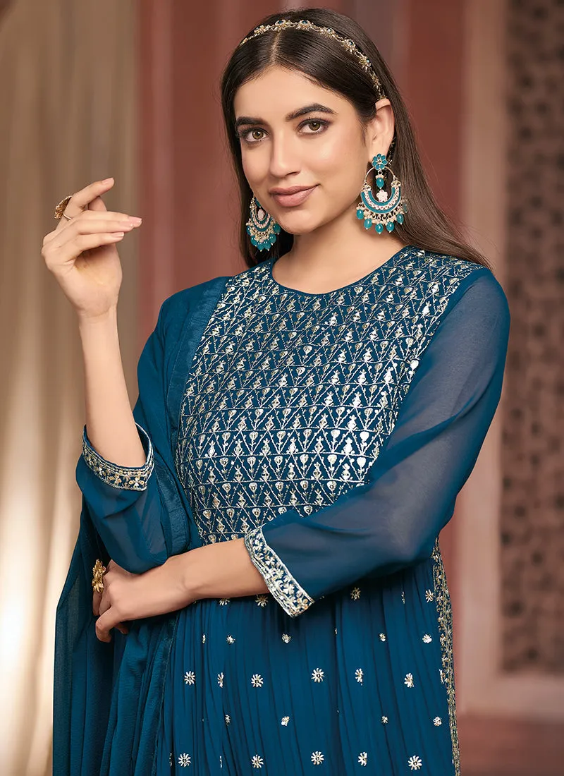 Blue Sequence Embroidery Festive Palazzo Style Suit