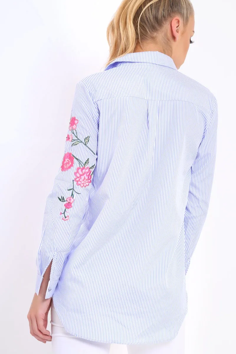 Blue Striped Floral Embroidered Shirt - Fifi