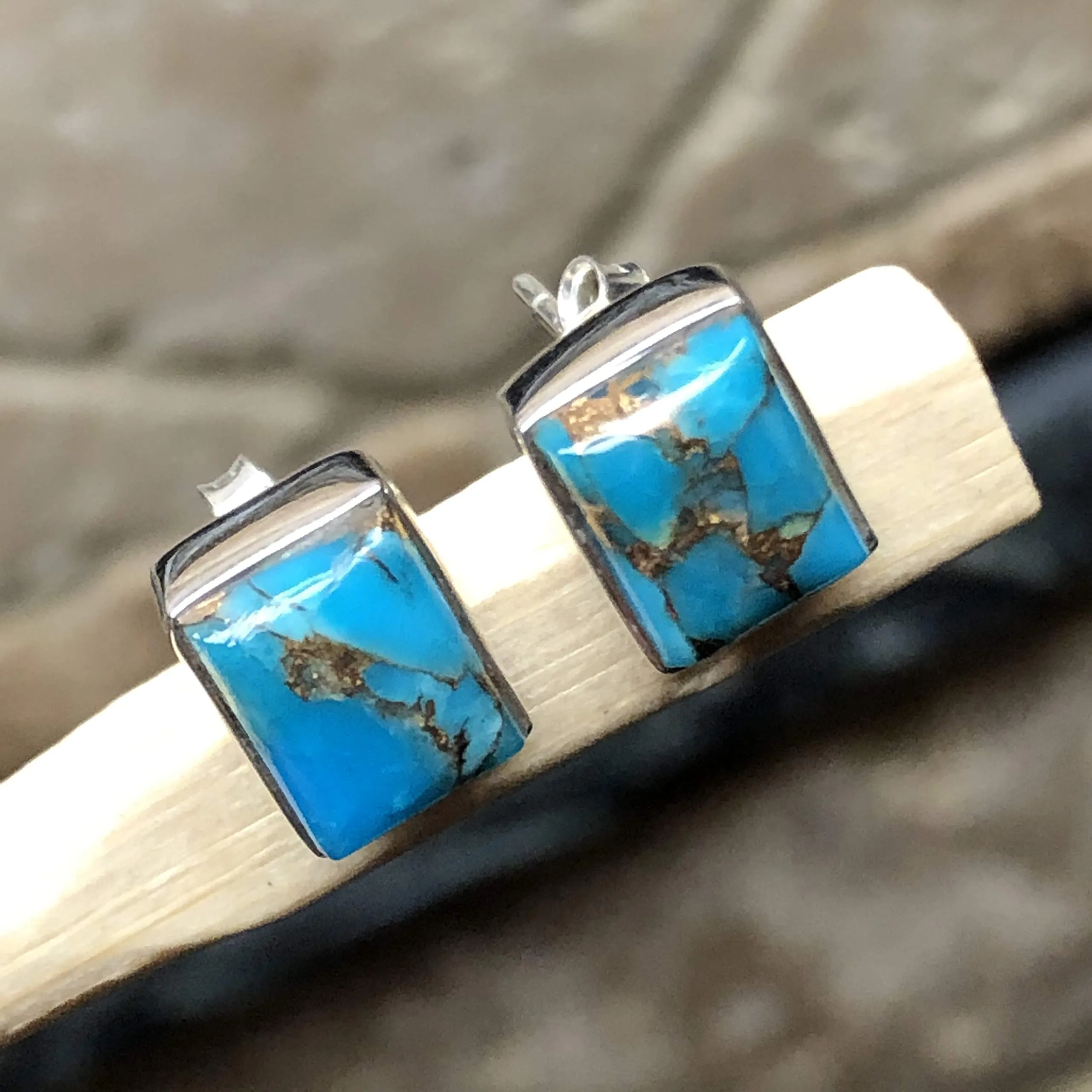 Blue Turquoise 925 Solid Sterling Silver Earrings 8mm