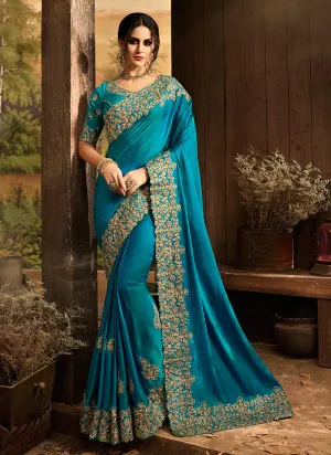 Blue With Golden Pallu Embroidered Designer Saree