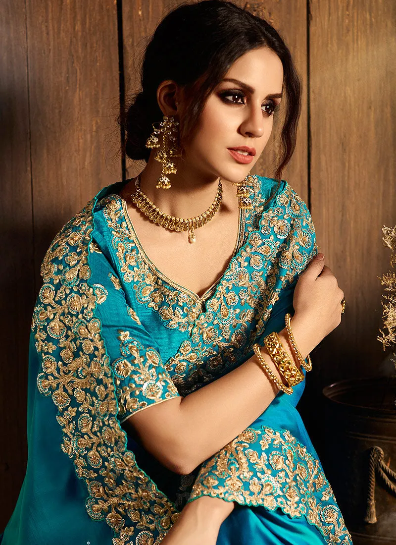 Blue With Golden Pallu Embroidered Designer Saree