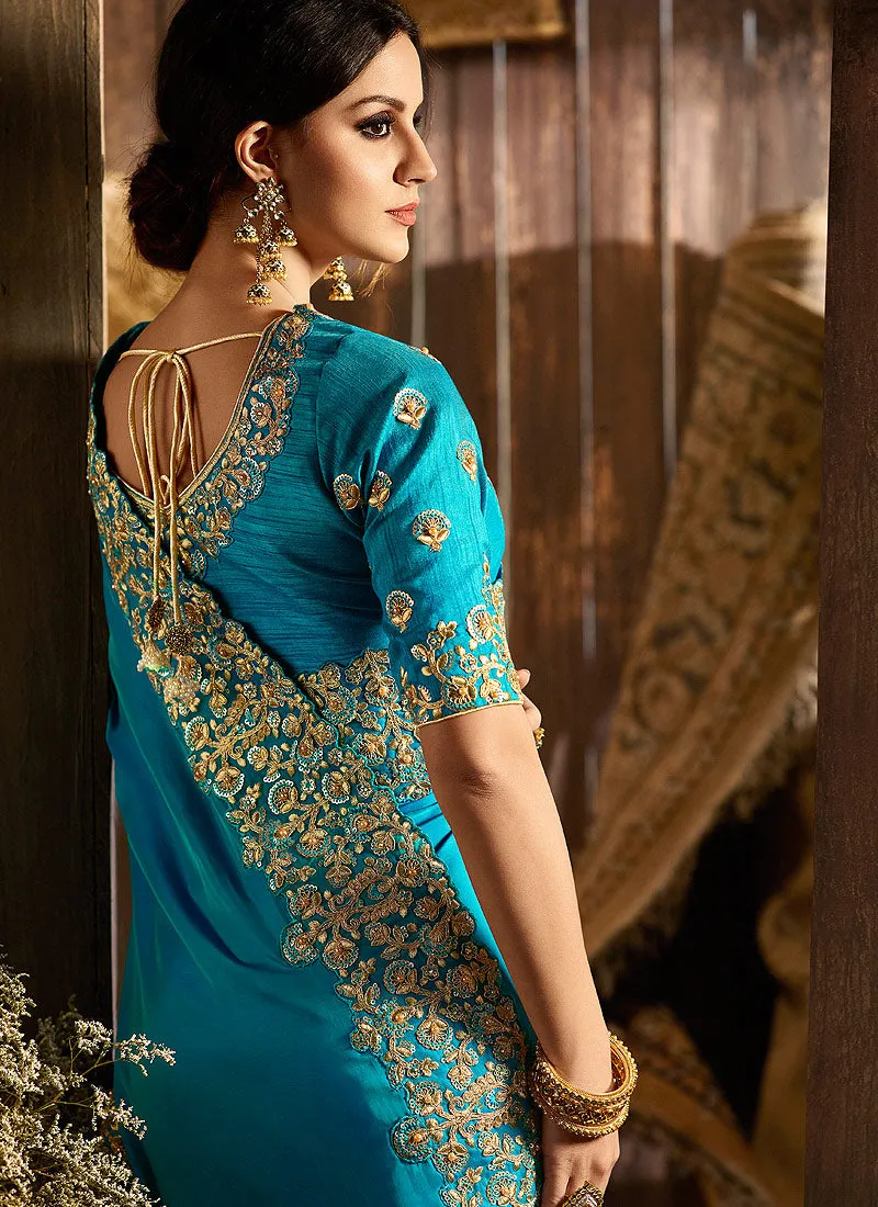 Blue With Golden Pallu Embroidered Designer Saree