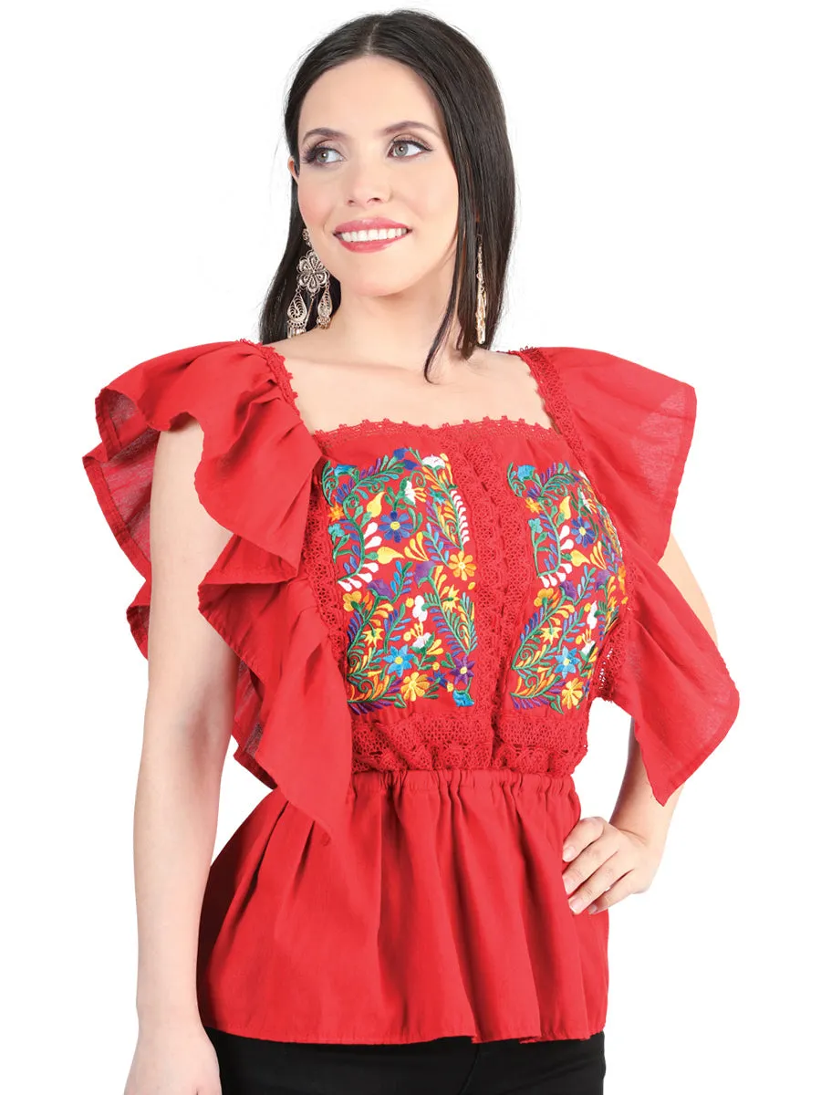 Blusa Artesanal con Mangas de Olan Bordada de Flores para Mujer