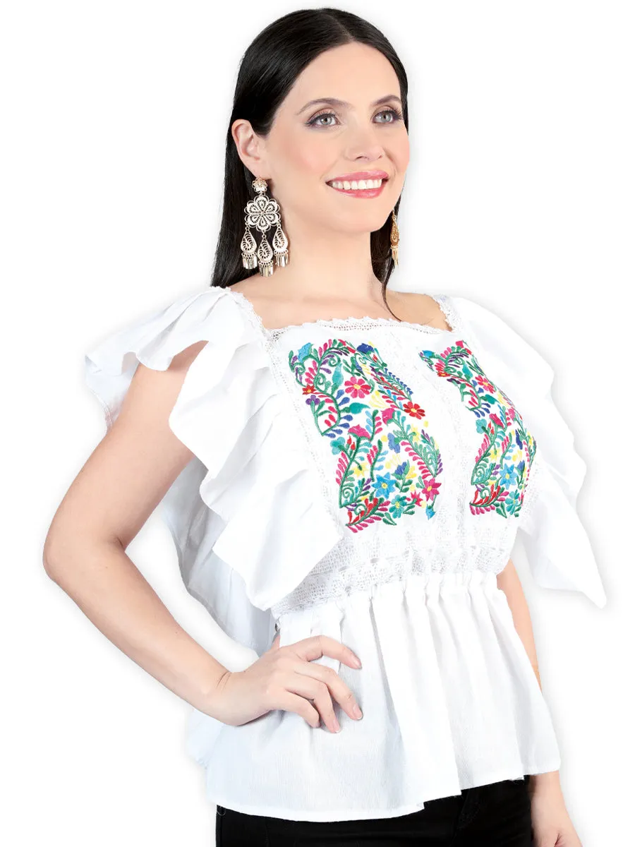 Blusa Artesanal con Mangas de Olan Bordada de Flores para Mujer