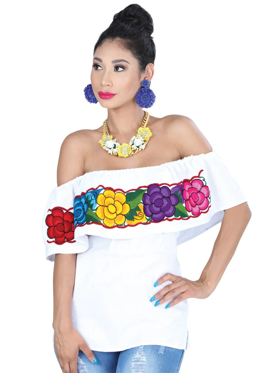 Blusa Artesanal de Olan Bordada de Flores para Mujer