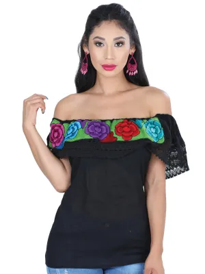 Blusa Artesanal de Olan Bordada de Flores para Mujer