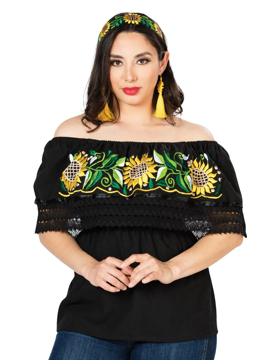 Blusa Artesanal de Olan Bordada de Girasoles para Mujer