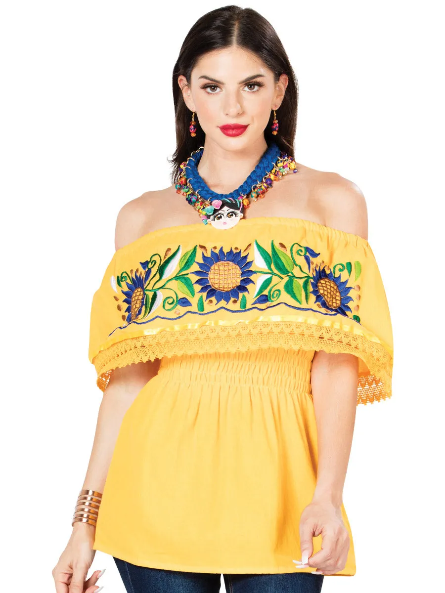 Blusa Artesanal de Olan Bordada de Girasoles para Mujer