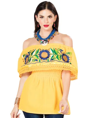 Blusa Artesanal de Olan Bordada de Girasoles para Mujer