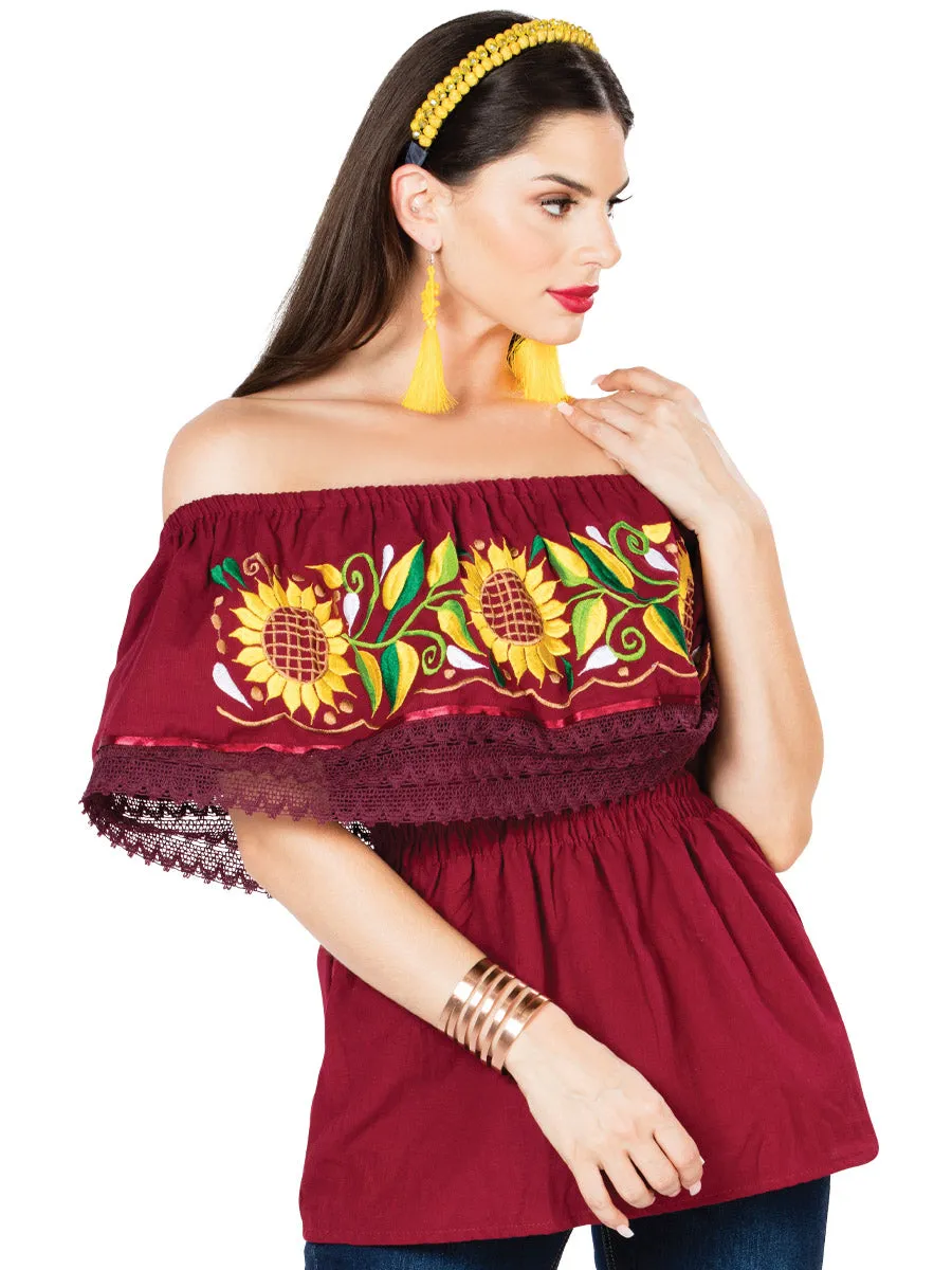 Blusa Artesanal de Olan Bordada de Girasoles para Mujer