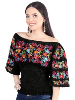 Blusa Artesanal Manga 3/4 Bordada de Flores para Mujer
