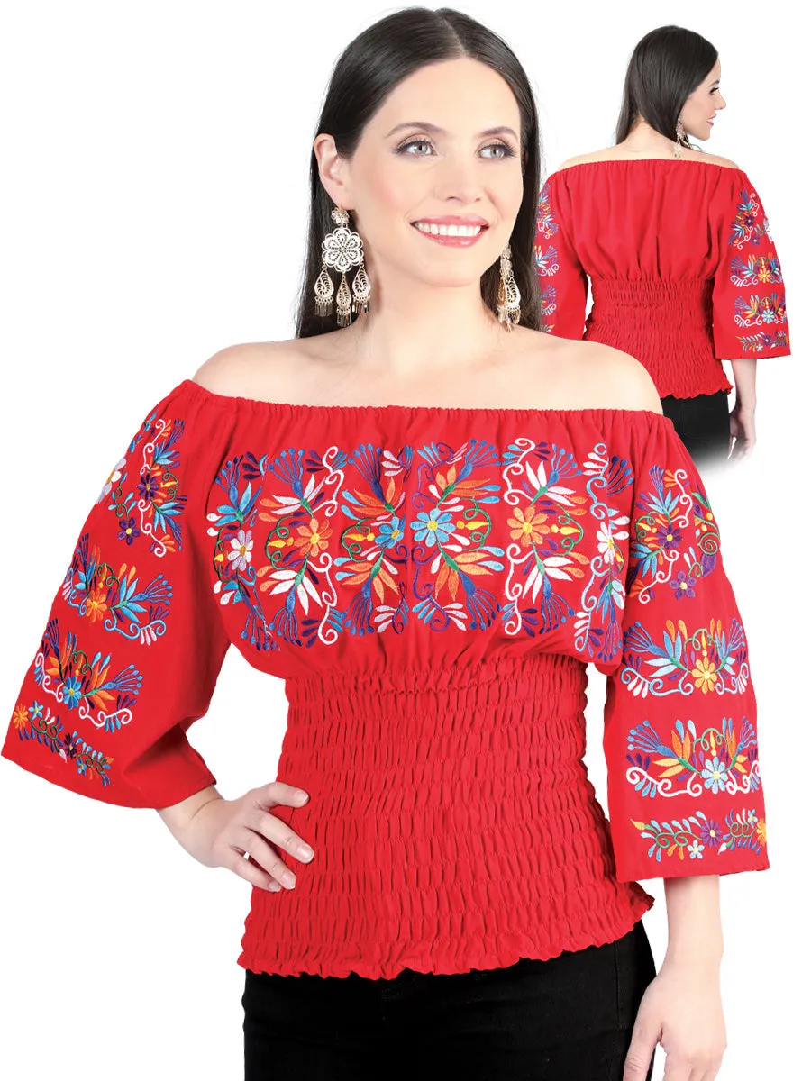 Blusa Artesanal Manga 3/4 Bordada de Flores para Mujer