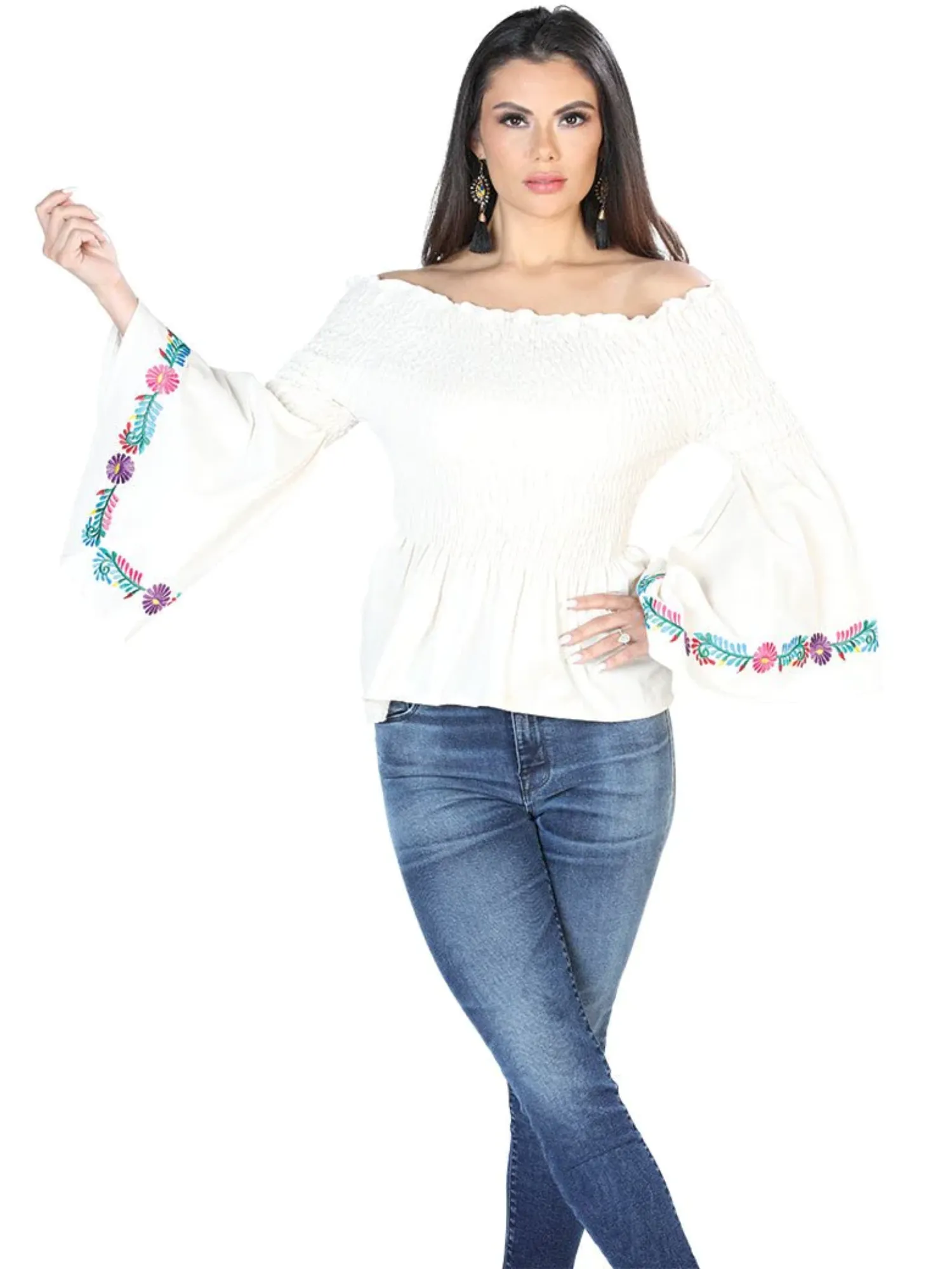 Blusa Artesanal Manga Acampanada Bordada para Mujer