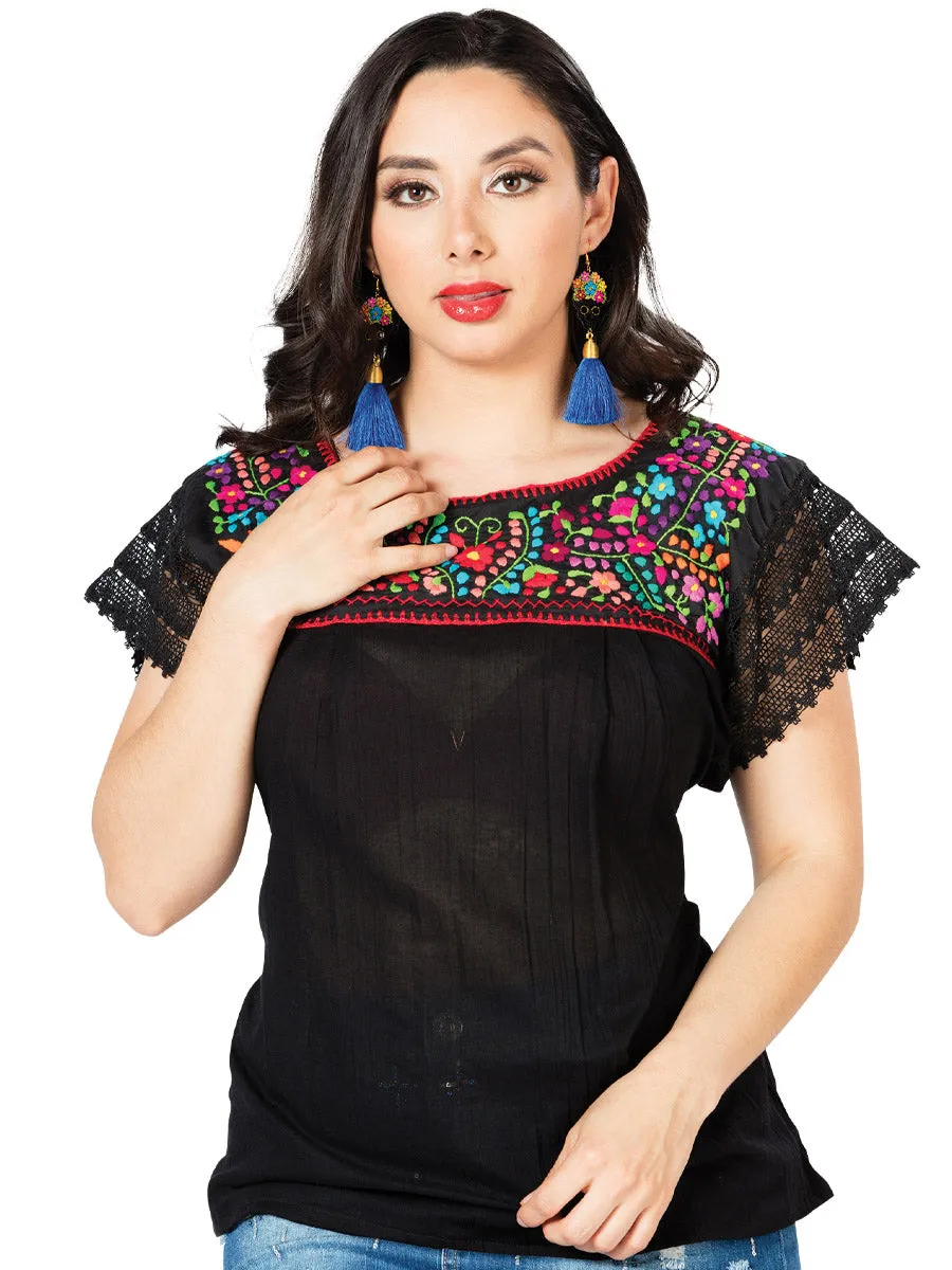 Blusa Artesanal Puebla de Encaje Bordada de Flores para Mujer