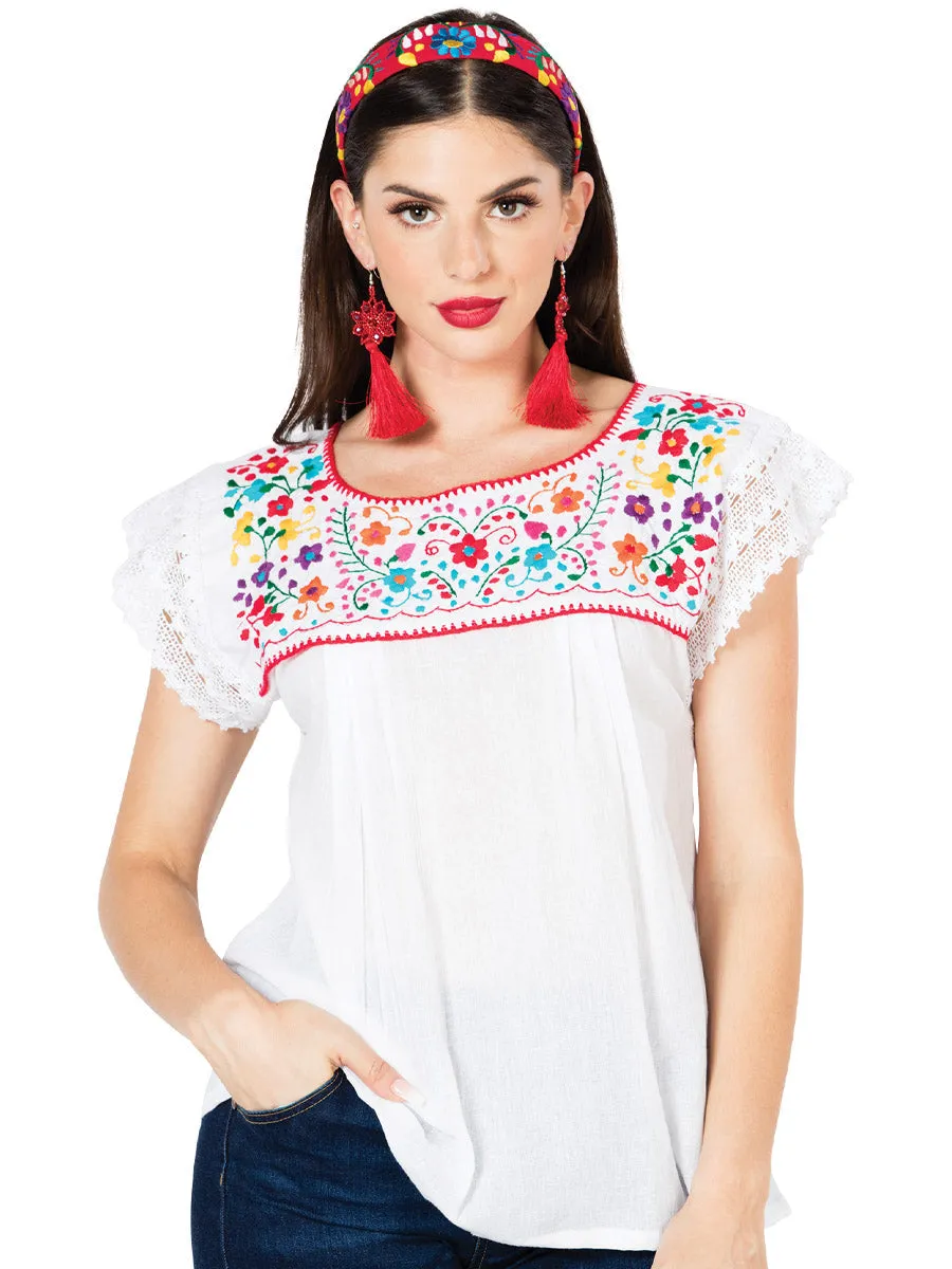 Blusa Artesanal Puebla de Encaje Bordada de Flores para Mujer