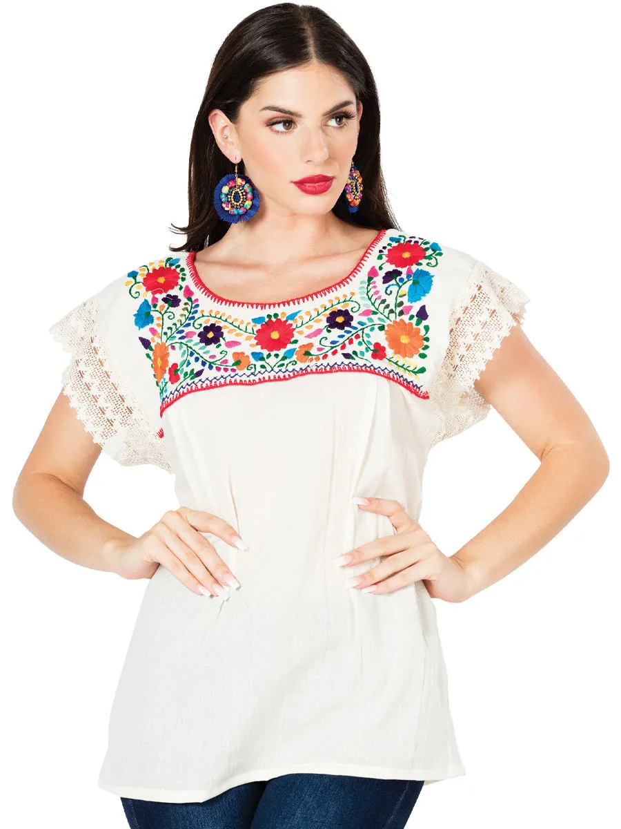 Blusa Artesanal Puebla de Encaje Bordada de Flores para Mujer