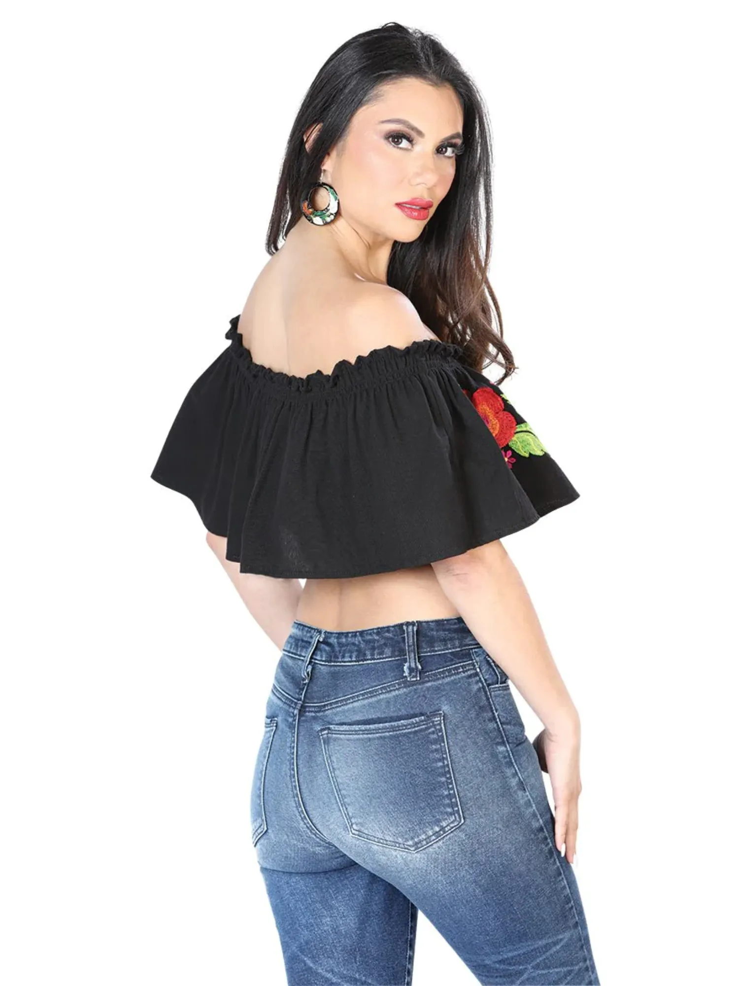 Blusa Corta Artesanal de Olan Bordada de Flores para Mujer