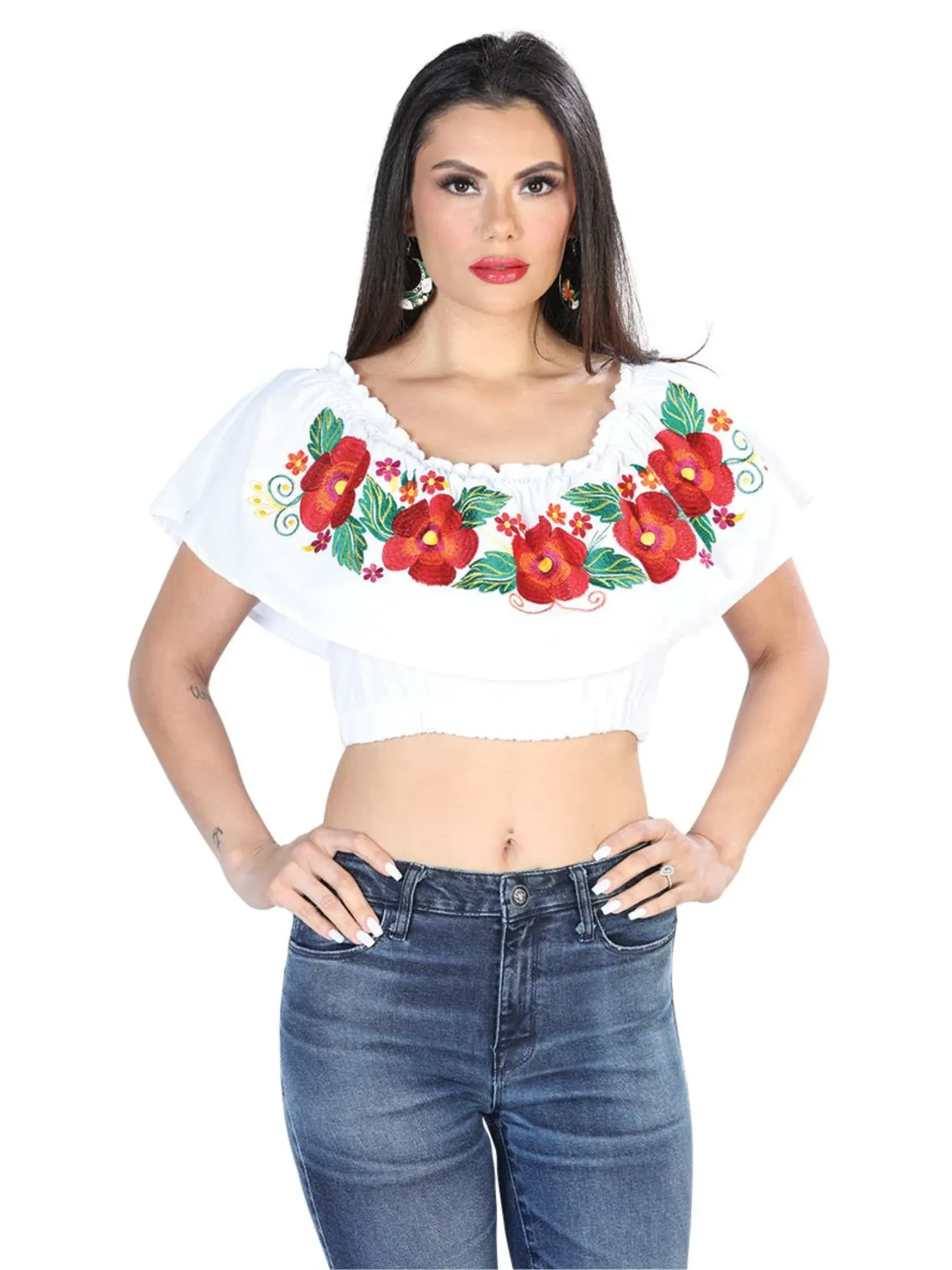 Blusa Corta Artesanal de Olan Bordada de Flores para Mujer