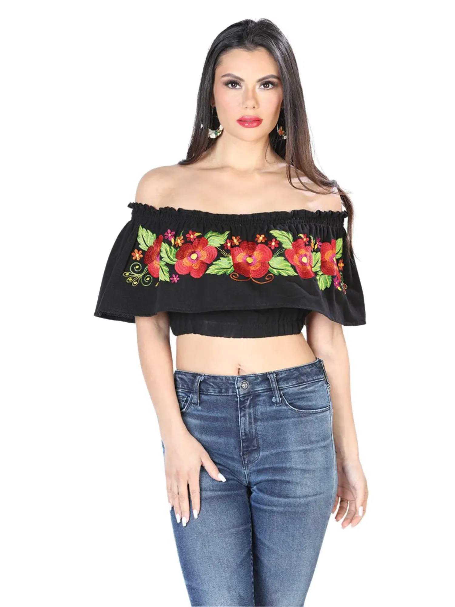 Blusa Corta Artesanal de Olan Bordada de Flores para Mujer