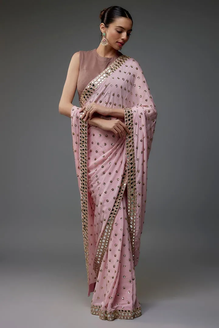 Blush Pink Chinon Sequins Hand Embroidered Saree