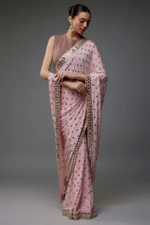 Blush Pink Chinon Sequins Hand Embroidered Saree