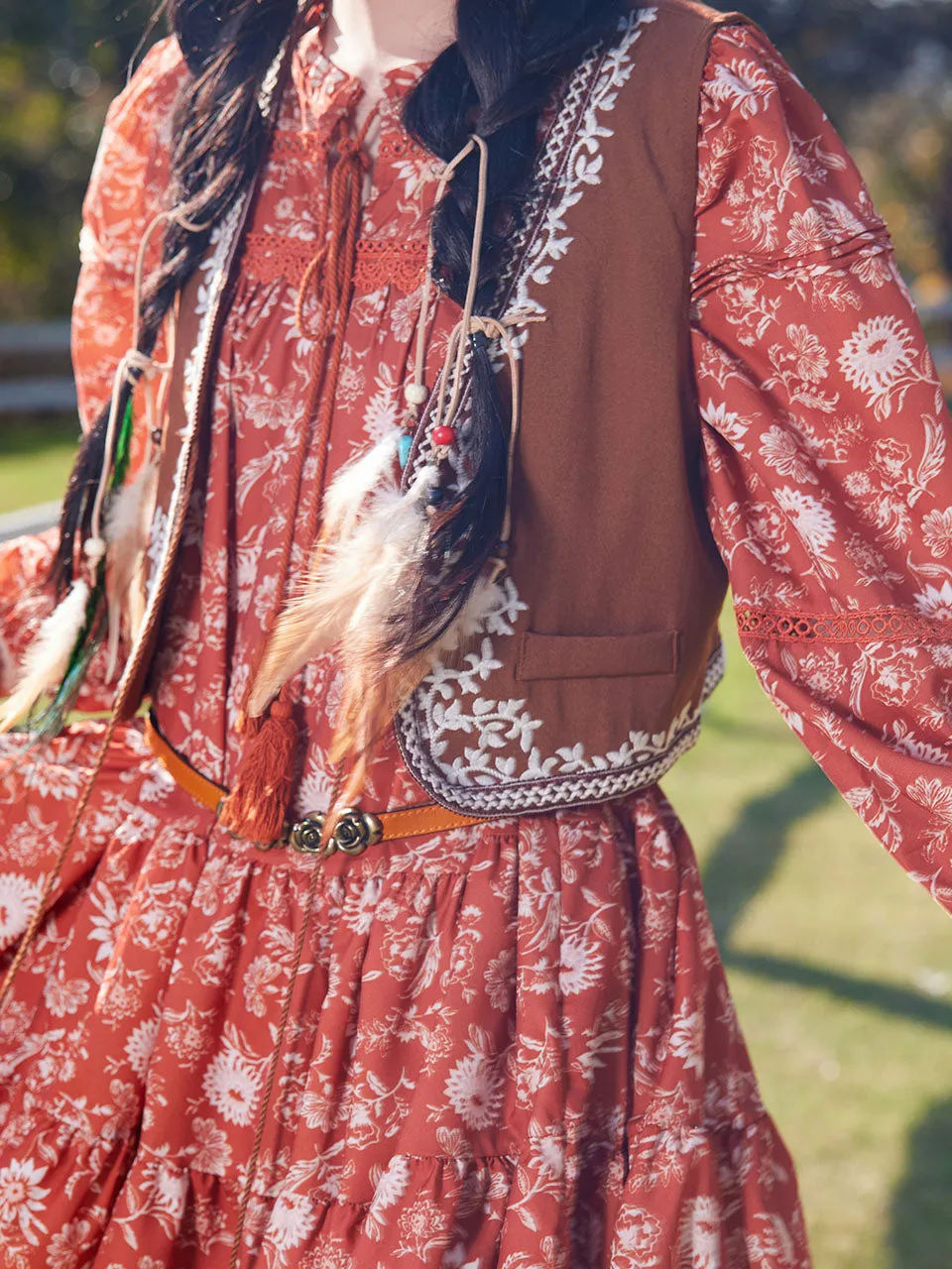 Bohemian Orange Printed Long-sleeved Mini Dress with Suede Embroidered Vest Boho Suit