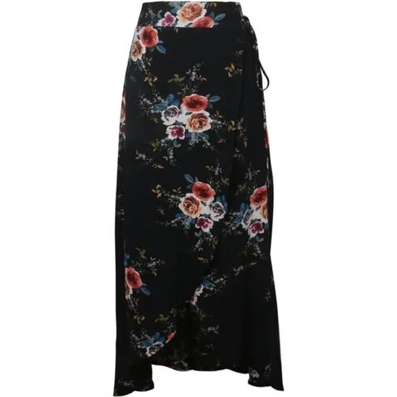 Boho Black Floral Print Tie‎ Waist Wrap Maxi Skirt Leg Slit Flowy Skirt Cover Up