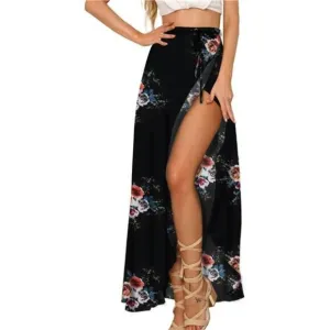 Boho Black Floral Print Tie‎ Waist Wrap Maxi Skirt Leg Slit Flowy Skirt Cover Up