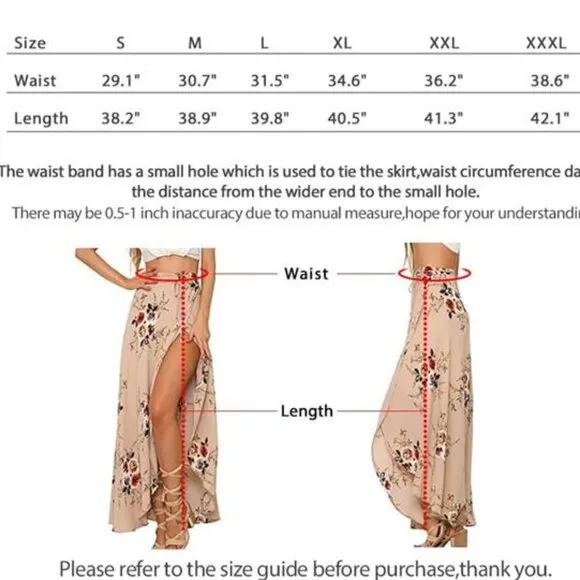 Boho Black Floral Print Tie‎ Waist Wrap Maxi Skirt Leg Slit Flowy Skirt Cover Up