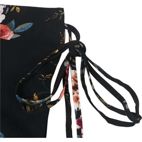 Boho Black Floral Print Tie‎ Waist Wrap Maxi Skirt Leg Slit Flowy Skirt Cover Up