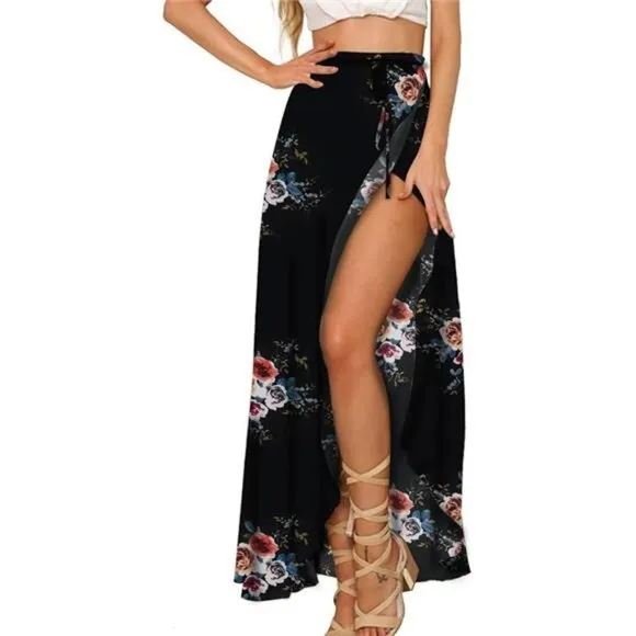Boho Black Floral Print Tie‎ Waist Wrap Maxi Skirt Leg Slit Flowy Skirt Cover Up