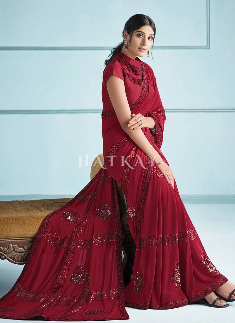 Bridal Red Sequence Embroidered Festive Saree