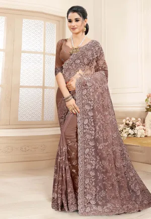 Brown Embroidered Party Wear Saree