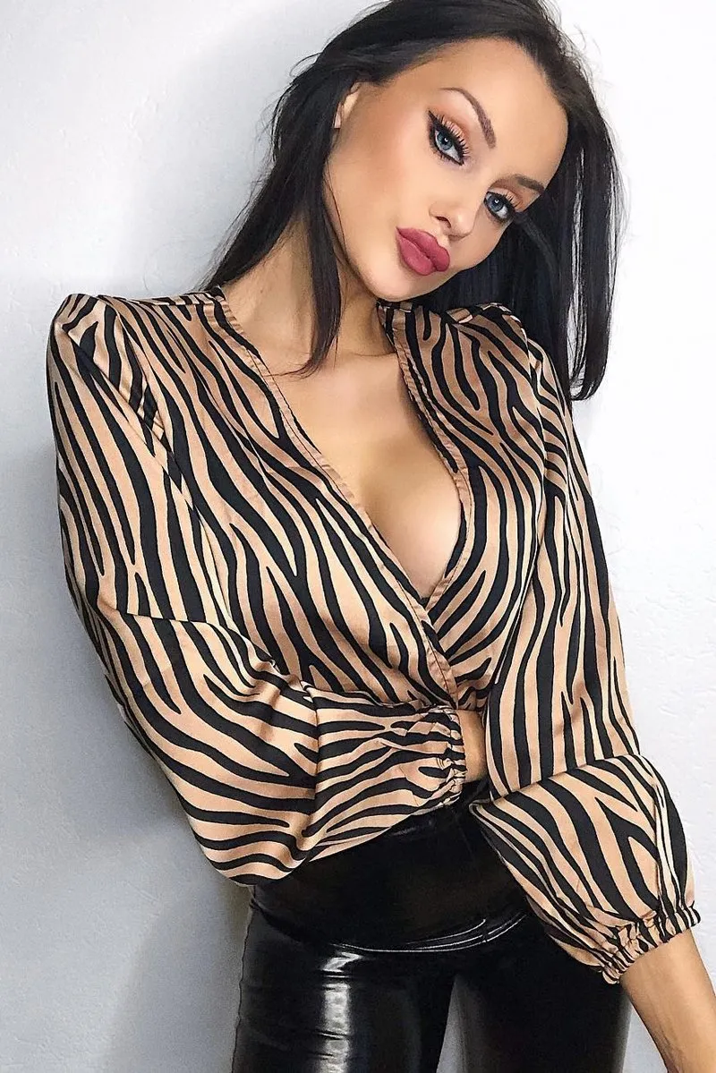 Brown Zebra Print Plunge Bodysuit - Aaralyn