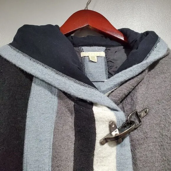 Carson Women's Gray Black Wool Striped Snap Front Hooded Jacket Buckle Size M