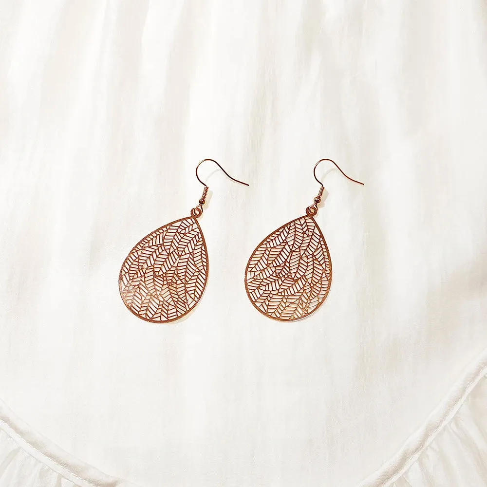 Carved Water Droplet Leaf Earrings | Lightweight Copper Earrings | Women's Fashion Jewelry