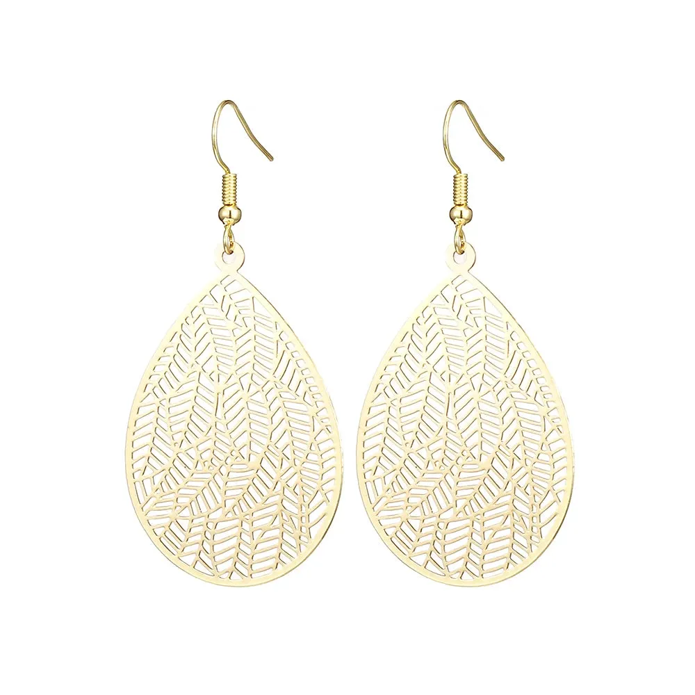 Carved Water Droplet Leaf Earrings | Lightweight Copper Earrings | Women's Fashion Jewelry
