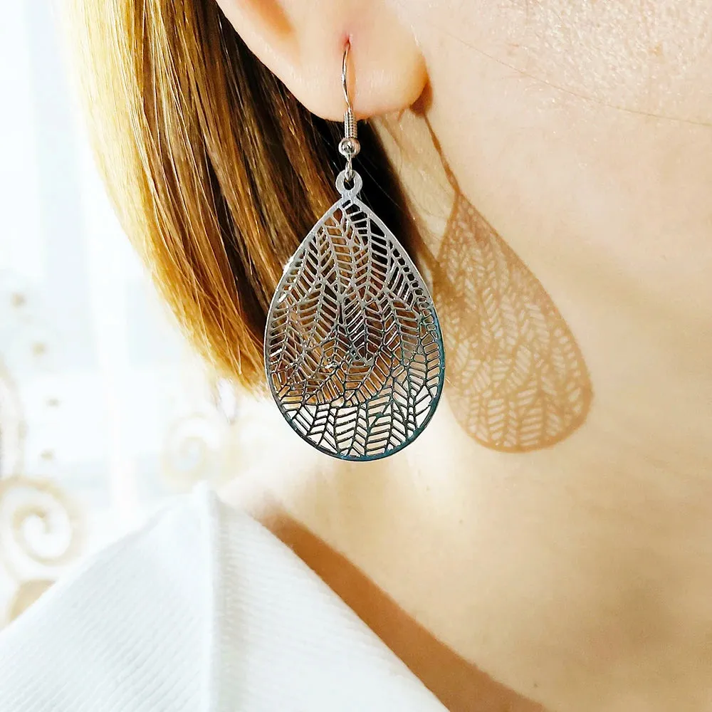 Carved Water Droplet Leaf Earrings | Lightweight Copper Earrings | Women's Fashion Jewelry